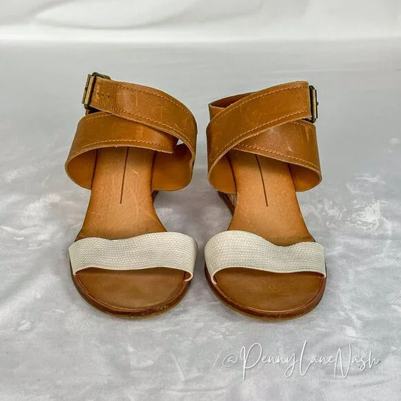 Dolce Vita Two Tone Strap Wedge Sandal Size 9 Cream/Tan - Picture 2 of 7